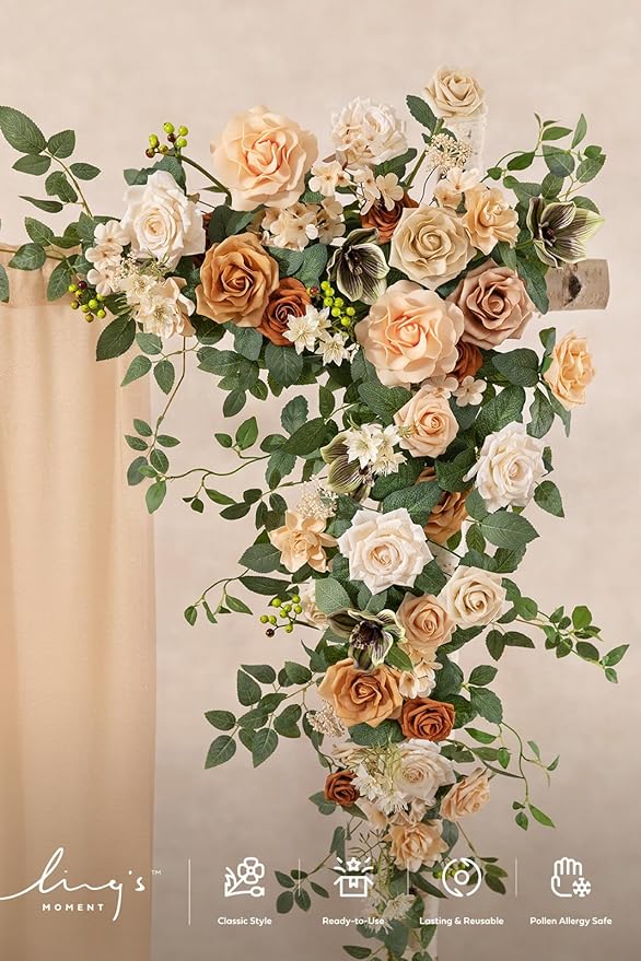 Ling's moment Wedding Arch Flowers - 6.5FT Floral Garland for Ceremony Arbor Backdrop Decoration - Artificial Rose Floral Swag for Sweetheart Table Birthday Party, Baby Shower, Cream Orange