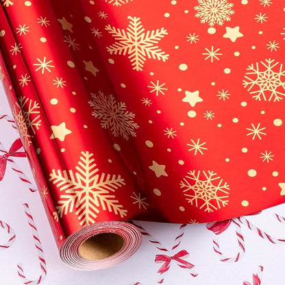 MAYPLUSS Christmas Wrapping Paper Roll - 17 Inch X 33 Feet - Gold Snowflake Star Reversible Candy Cane Gift Wrapping Paper, Thick Wrap Paper for Holiday Party New Year Kids
