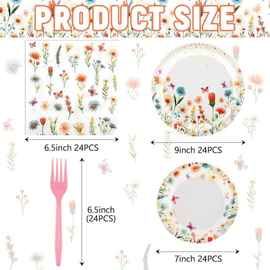 96 PCS Spring Wildflower Party Tableware Supplies, Disposable Floral Paper Plates Napkins Set for Picnic Baby Shower Birthday Wedding Thanksgiving Christmas Tea Party Decor Suppies, 24 Guests