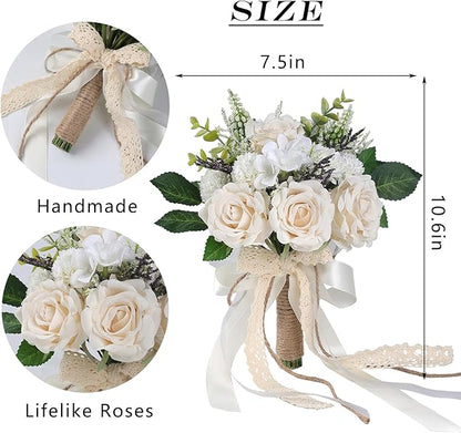 Wedding Bouquets for Bride Bridesmaid,White Champagne Artificial Roses Flowers for Wedding Church Decoration (7.5in)