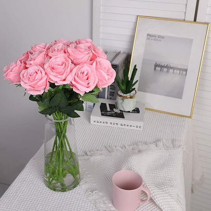 Nubry Artificial Silk Rose Flower Bouquet Lifelike Fake Rose for Wedding Home Party Decoration Event Gift 10pcs (Pink)