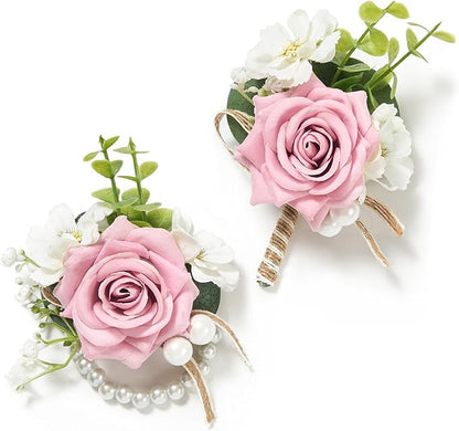 Serwalin Pink Rose Corsage and Boutonniere Set, Prom Flower Wrist Corsage Bracelets, Homecoming Roses Corsage Wristlet and Men Boutonniere for Wedding Flowers Accessories Prom Suit Decorations