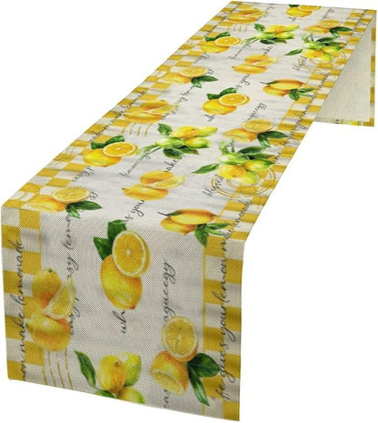 Lemon Table Runner , Summer Yellow Fruits Green Leaves Kitchen Dinning Table Decoration for Indoor Outdoor Home Party Decor 13x120 in