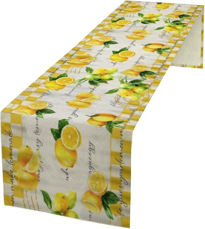 Lemon Table Runner , Summer Yellow Fruits Green Leaves Kitchen Dinning Table Decoration for Indoor Outdoor Home Party Decor 13x90 in