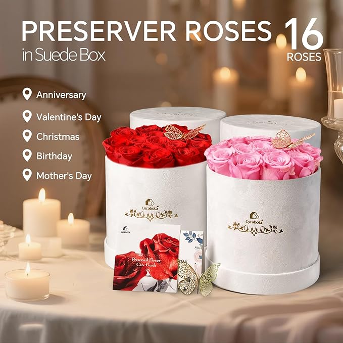 16 Preserved Roses in a Box, Preserved Flowers Gifts for Women, Forever Flowers for Delivery, Flower Birthday Gifts Box for Her, Mothers Day Rose Gifts for Mom, Sweet Pink