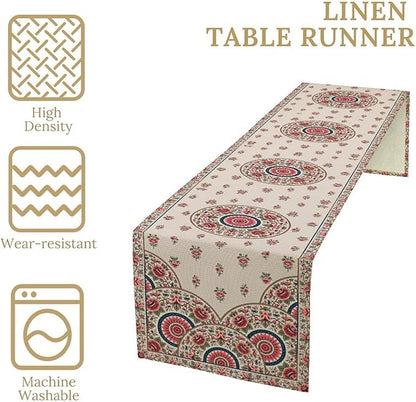 Bohemian Floral Table Runner, Vintage Ethnic Mandala Pink Flowers Boho Design Table Runner for Kitchen Dining Party Wedding, 13x60 Inch