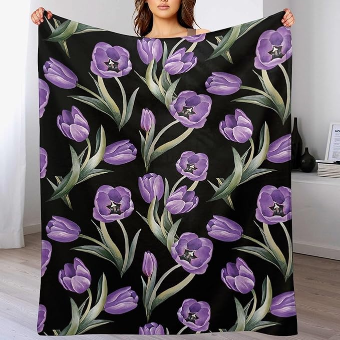 Purple Tulip Blanket Flower Gifts for Girls Women Tulip Floral Throw Blanket for Kids Adults Soft Warm Cozy Fleece Blanket for Couch Sofa Bed 50"x60"