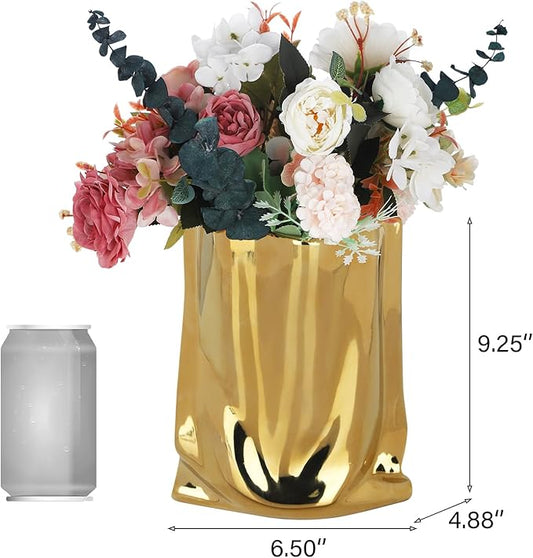 VanEnjoy Large Gold & Silver Ceramic Vases - Wide Mouth Home Decor, Chrome Handbag Vase