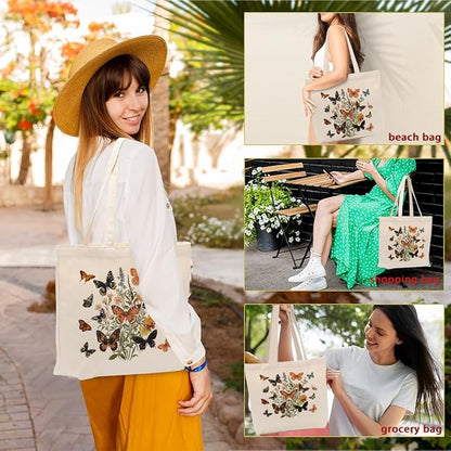 Aesthetic Floral Canvas Tote Bag for Women with Pocket, Tote Bags for Grocery Shopping Work Gym Christmas Birthday