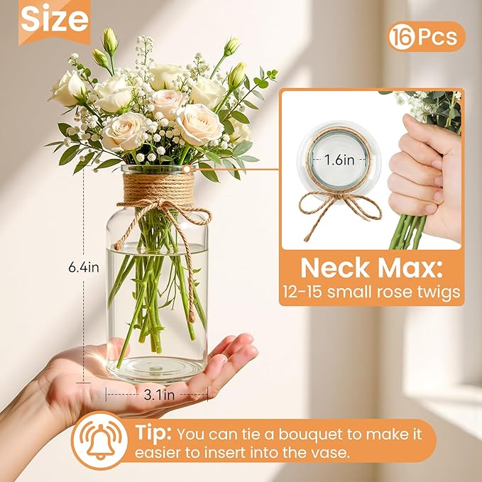Vintage Glass Flower Vase Bulk 16 Pack Farmhouse Transparent Centerpiece Vases with Hemp Rope Mason Jars for Weddings Parties Dining Table Home Decor（Large）
