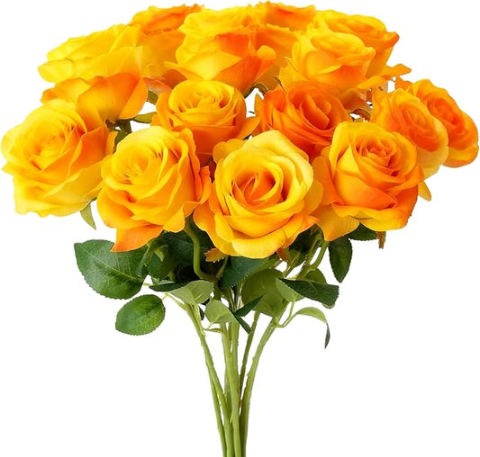Orange Roses Artificial Flowers 15 PCS, Fake Roses Silk Flowers with Long Stems, Faux Rose for Wedding Centerpieces, Home Decor, Indoor Floral Arrangements, Party Decor, DIY Bouquet (Orange)