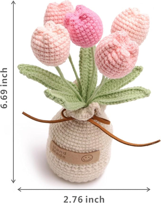 Crochet Woven Tulips with Wool,Simulation Plant Crochet Hand-Woven Flowers for Home Room Table Office Ornaments and Birthday Gifts for Family Friends Anniversary（5 Flowers-Pink ）