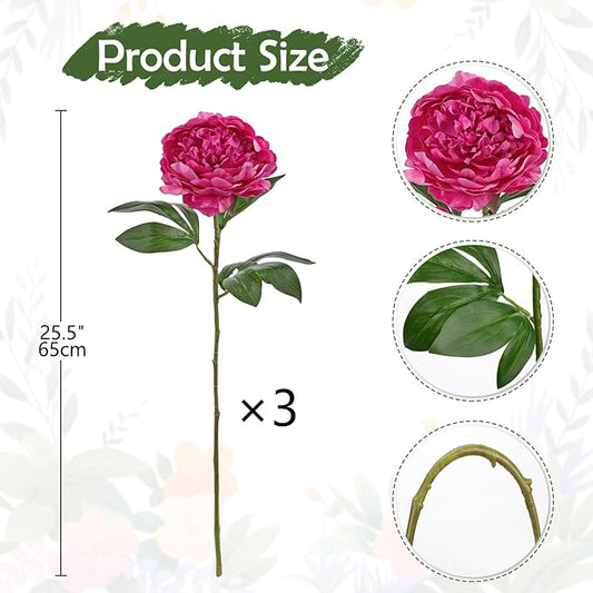Briful 3PCS Faux Peony Flower Stems, 25.5" Artificial Peony Flowers Realistic Fake Flowers for Vase Arrangements Wedding Centerpieces Decoration(Hot Pink)