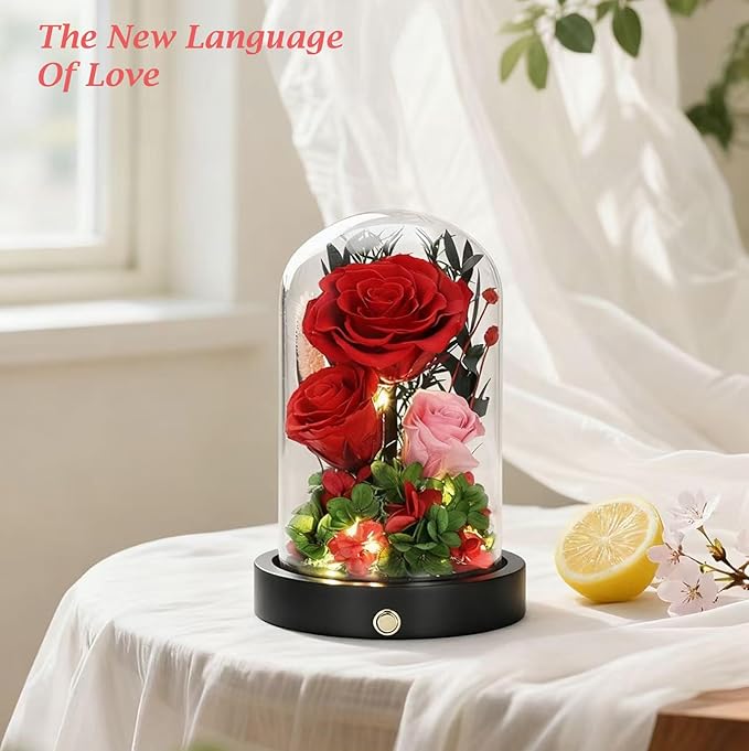 Birthday Gifts For Women Mom, Preserved Flowers in Glass Dome, Forever Flowers for Delivery Prime,Real Eternal Roses Mothers Day Valentines Day Christmas Anniversary for Grandma Wife Her Red