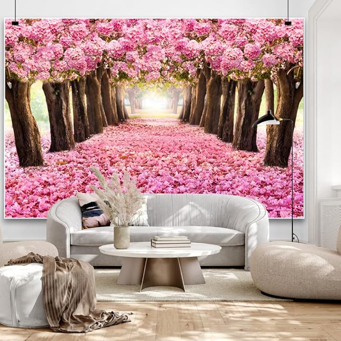 15x8ft Cherry Blossom Backdrops Pink Flowers Trees Photo Background Romantic Floral Petal Boulevard Spring Tea Party Banner for Wedding Womens Day Valentines Day Mothers Day Bridal Shower