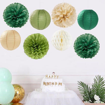 Sage Green Paper Flowers Tissue Pom Poms Honeycomb Lanterns 15pcs Party Decorations Boho Birthday Wedding Baby Bridal Shower Neutral Bachelorette Graduation Safari Hanging Supplies Mprocherify