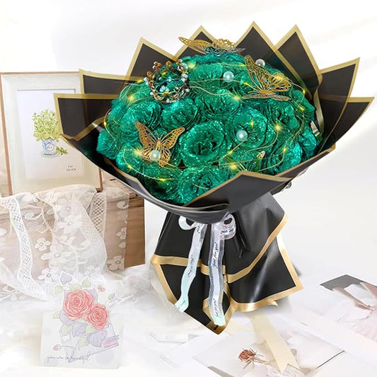 Dark Green Glitter Roses Bouquet, 24 Pcs Shiny Glitter Flowers Bouquet, Everlasting DIY Artificial Roses Bouquet for Christmas, Birthday, Anniversary, Wedding, Engagement