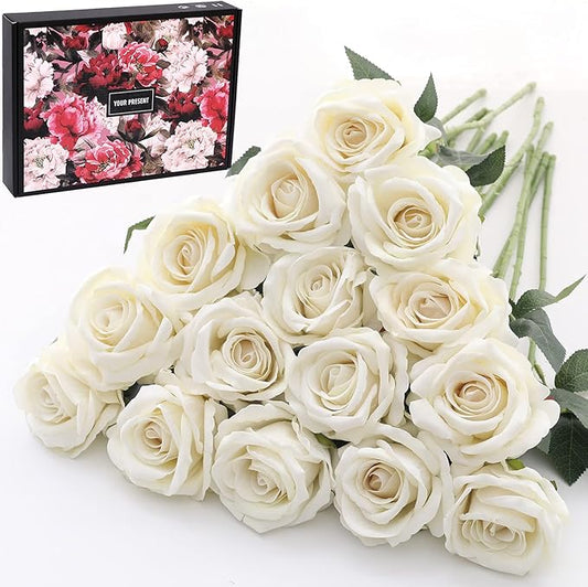 Cloudecor 15Pcs White Roses Artificial Flowers Fake Roses Long Stem Velet Rose Silk Flowers for Home Wedding Decoration (Round Roses,Cream White)