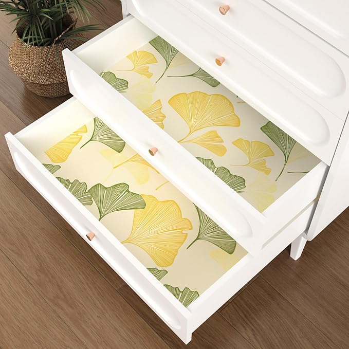 Gingko Wallpaper Peel and Stick, Yellow/Green Leaf Contact Paper, Vintage Autumn Botanical Leaves Wall Paper 17.5" x 118" Self Adhesive Removable Waterproof for Bedroom Shelves Cabinet Drawer Table