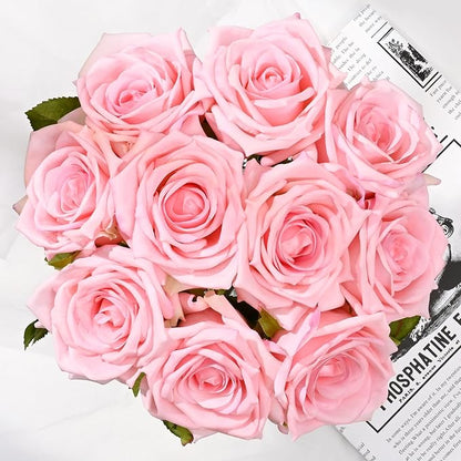 BLEUM CADE Luxury PU Fake Flowers in Vase with Faux Water, Pink Real Touch Roses Artificial Flowers with Glass Vase for Office Home Dining Room Centerpiece Table Decorations