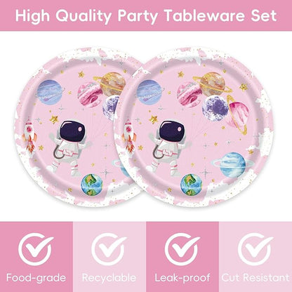 48pcs Pink Space Party Decoration Set,16 Dessert plate,16 Napkin And 16 Fork,16 persons Disposable tableware,Used Galaxy Space Planet Astronauts Birthday Party Supplies (Multicolor 18)