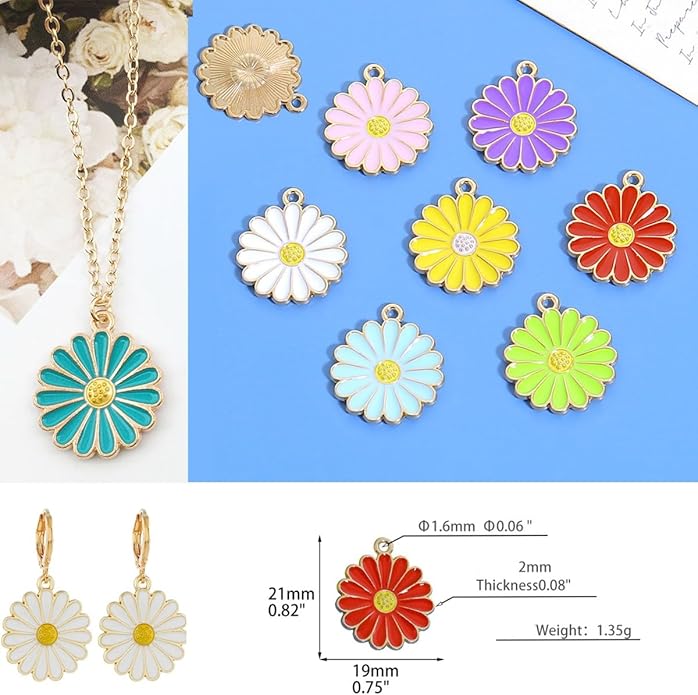 70Pcs 7 Colors Enamel Daisy Flower Charms for Jewelry Making Gold Plated Sunflower Charm Spring Summer Floral Pendant for Bracelet Necklace Earrings Keychains DIY Craft Supplies Accessories-13mm