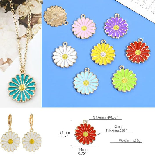 70Pcs 7 Colors Enamel Daisy Flower Charms for Jewelry Making Gold Plated Sunflower Charm Spring Summer Floral Pendant for Bracelet Necklace Earrings Keychains DIY Craft Supplies Accessories-13mm