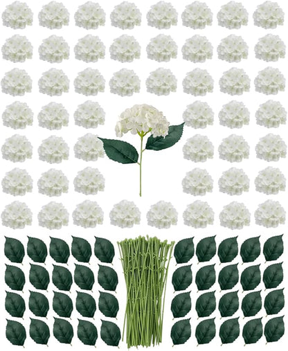 Artificial White Hydrangea Flowers with Leaves, 50 Pack, 6 Inch Silk Flower Heads, DIY Mother's Day Wedding Decor Set with 100 Leaves, 50 Stems
