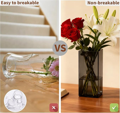 Acrylic Square Flower Vase, Non-breakable Vase, 5" x 5" x 10" Tall Grey Vases for Flower, Large Cube Floral Plant Container, Planter Terrarium for Wedding Party Event, Home Office Decor