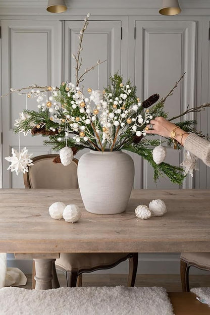 Hollyone 4 Pack Artificial Christmas Glitter Berries Stems, 19 Inch Fake White and Gold Holly Berry Picks with Ice Snow for Christmas Tree Wreath Floral Arrangements Holiday Home Vase DIY Crafts Decor
