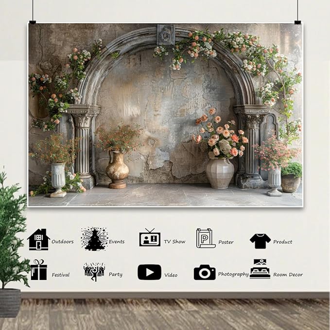 7x5ft Vintage Flower Backdrop Countryside Pink Floral Old Concrete Wall Photography Background for Wedding Valentines Day Mother-to-be Bridal Shower Birthday Princess Couples Portraits