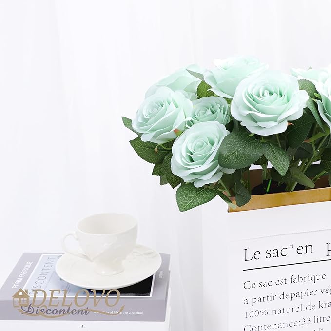 52pcs Sage Green Roses Artificial Flowers Sage Green Fake Flowers Silk Roses with Stems for DIY Wedding Bouquets Bridal Shower Centerpieces Arrangements Party Decorations