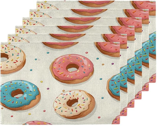 Donuts Placemats Set of 6, Washable Linen Place Mats, Food Donut Table Mats for Kitchen Dining Table Decor Heat Resistant Tablemats 12x18