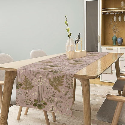 Spring Floral Table Runner, Rustic Retro Field Herbal Plant Purple Pink Wildflower Country Natural Floral Fern Print Table Cover for Indoor Outdoor Dinner Party Decor, 13x60inch