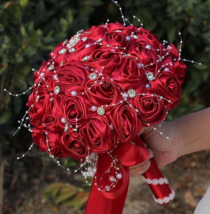 Bridal Wedding Bouquet Round Bling Brooch Bouquet Throw Toss Artificial Rose Flower Bunch for Bride Bridesmaid Wedding Quinceanera(Ruby Red, 9.8")