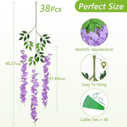 Yastouay 38 Pcs Wisteria Hanging Flowers, 3.77 Ft/Pcs Artificial Hanging Flowers, Purple Fake Wisteria for Wedding Party Ceremony Backdrop Home Decoration