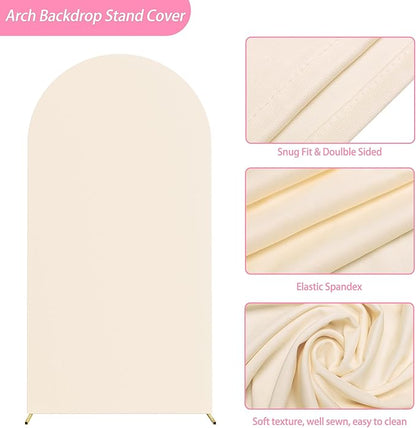 Putros 6.6ft Metal Arch Stand with Cover Beige Spandex Fitted Wedding Arch Cover and Round Top Chiara Backdrop Stand Set for Birthday Party Baby Shower Decoration