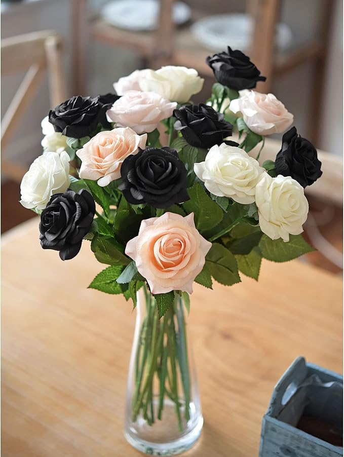 FiveSeasonStuff Fake Black Roses Wedding Flowers Real Touch Silk Artificial Flowers 12 Stems