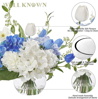 WELL KNOWN Artificial Flowers with Vase, Silk Hydrangea Bouquet and Peonies Artificial Flowers Table Centerpieces with Faux Water for Home Decor Fake Tulips Flower Arrangements for Table Decor (Blue)