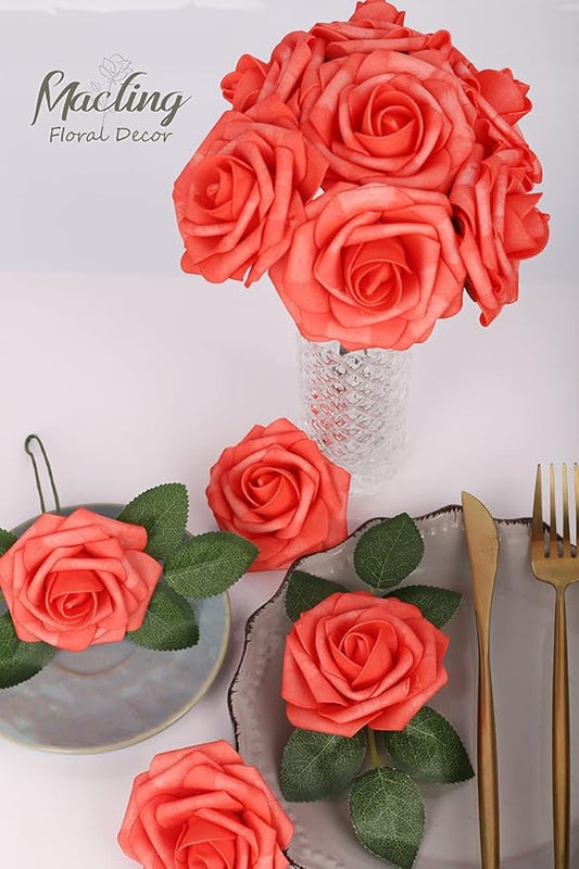 MACTING 30PCS Artificial Rose Flowers Real Touch Flowers with Stem Fake Roses for DIY Wedding Bouquet Table Centerpieces Party Holiday Baby Shower Home Spring Valentines Day Decorations,Coral Red