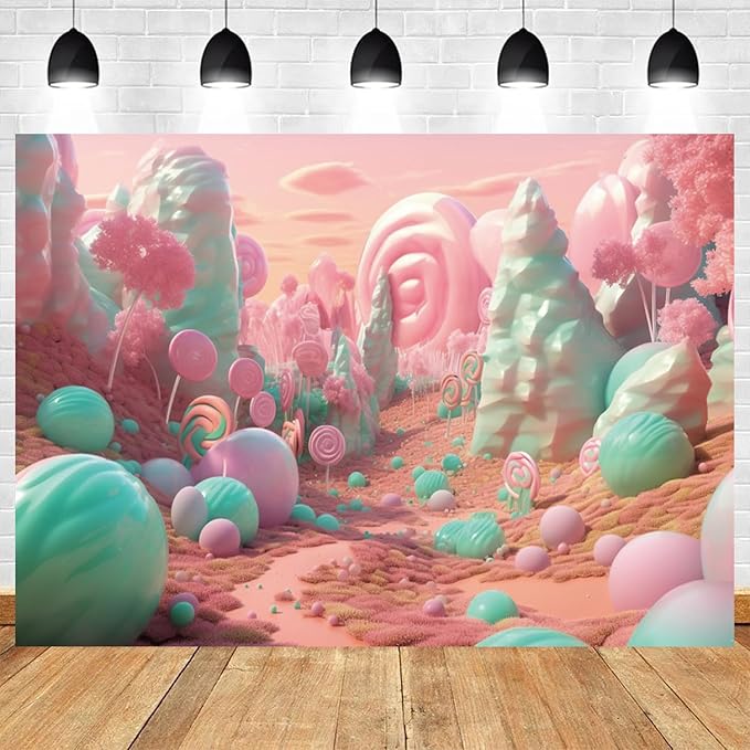 5x4ft Candyland Backdrop Pink and Teal Lollipop Photography Background Fairytale Kingdom Candy Sweet Girl Princess Birthday Banner Decorations Newborn Baby Shower Portrait Photo Booth Prop