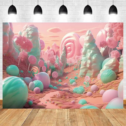 12x10ft Candyland Backdrop Pink and Teal Lollipop Photography Background Fairytale Kingdom Candy Sweet Girl Princess Birthday Banner Decorations Newborn Baby Shower Portrait Photo Booth Prop