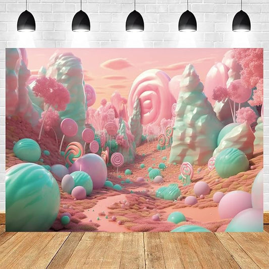 12x8ft Candyland Backdrop Pink and Teal Lollipop Photography Background Fairytale Kingdom Candy Sweet Girl Princess Birthday Banner Decorations Newborn Baby Shower Portrait Photo Booth Prop