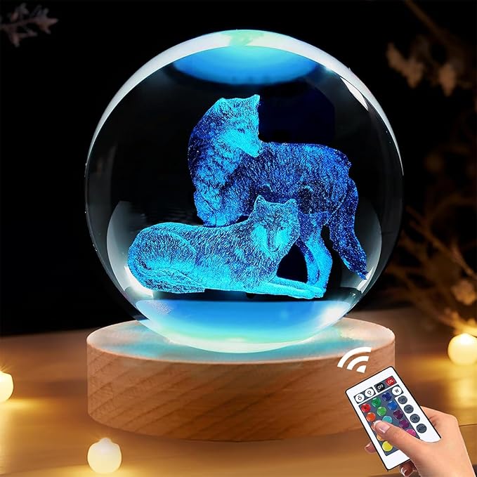 Wolf Gifts, 3.15in 3D Wolfs Figurine Crystal Ball Lamp with Remote Control, Wolf Decor for Bedroom, Birthday Christmas for Kids Mens Boys Women