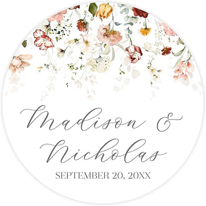 Personalized Floral Wedding Stickers with Your Choice of 30 Flower Styles - Choose Font and One of Five Pre-made Phrases or Add Custom Text (012 - Muted Colorful Flowers)