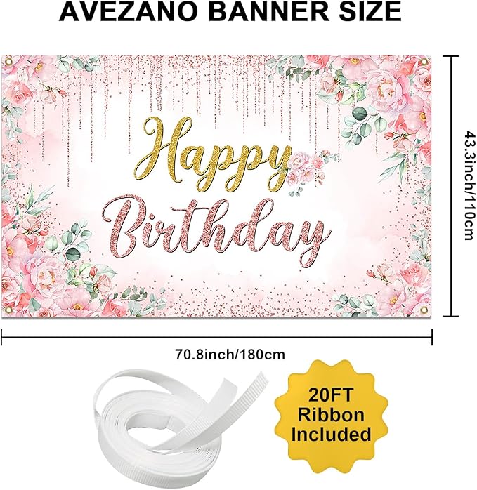Avezano Happy Birthday Backdrop Banner for Girls Women Happy Birthday Banner Floral Glitters Happy Bday Background Party Supplies 70.8 x 43.3 Inch