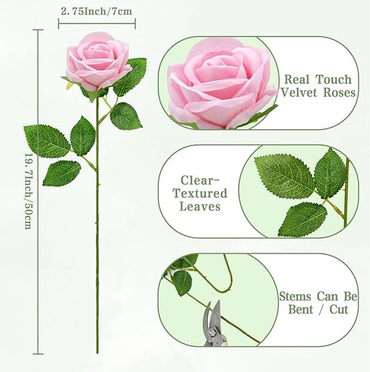 Waipfaru Pink Roses Artificial Flowers Bulk, Real Touch Velvet Roses with Wrapping Paper, 50 Pcs Fake Flowers for Wedding Centerpieces Bridal Bouquet Valentines Mothers Day Decor