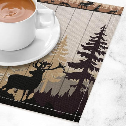 Farmhouse Forest Cabin Placemats Country Deer Bear Art Printed Dining Table Mats Set of 4 for Home Kitchen Holiday Picnic Party Decor 12x18in