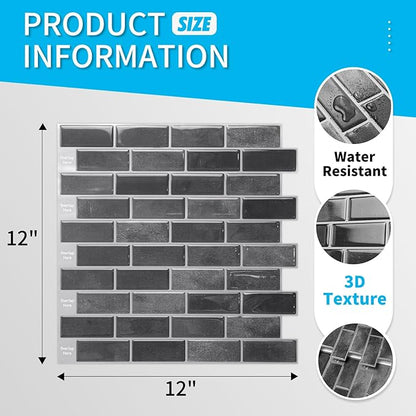 Art3d 10-Sheet Kitchen Backsplash Tiles Peel and Stick, Self Adhesive Wall Tile Sticker for Kitchen Island Bathroom Laundry Room RV Renter 12" x 12" - Smoky Black