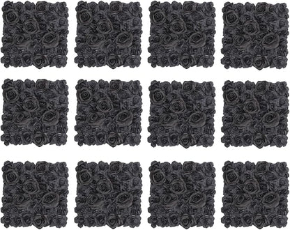 12PCS Artificial Flowers Decoration, Flower Wall Panels, Black Flowers Wall, Stage Background Artificial Flowers Decoration, Silk Rose Flower Panels, Use for Party, Anniversary